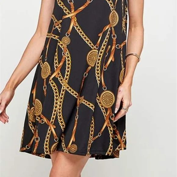 PLUS SIZE BLACK GOLD CHAIN PRINT RUFFLE SURPLICE MIDI DRESS - Picture 2 of 2